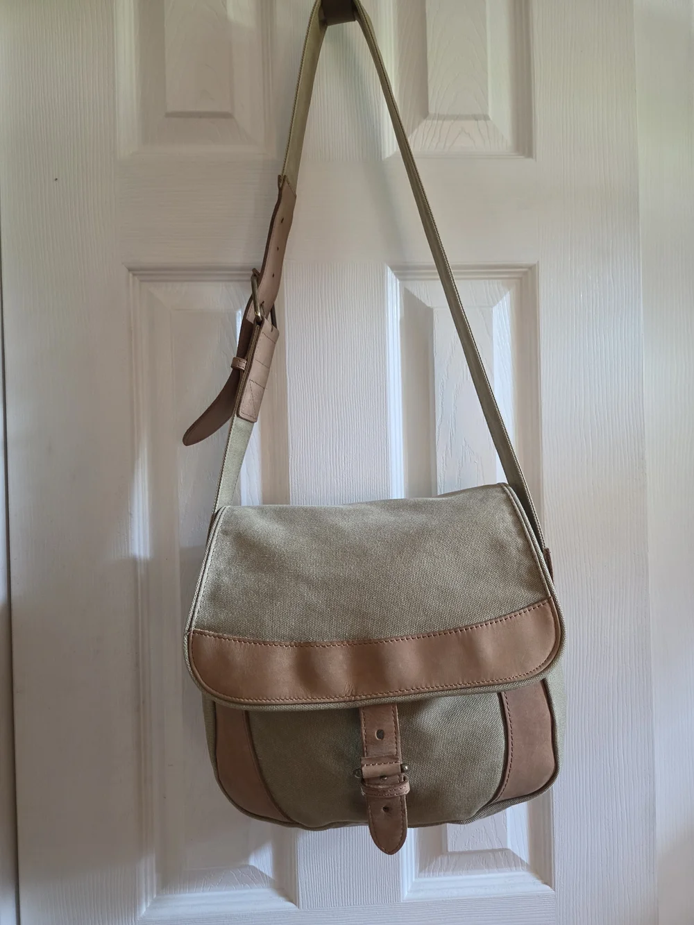 L.L. Bean Beige Canvas Messenger with Tan Leather Trim